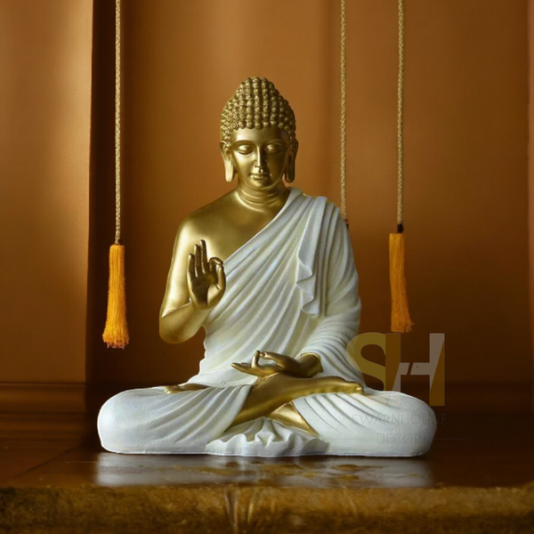 Buddha Sculpture 2 Feet High Glossy White Golden