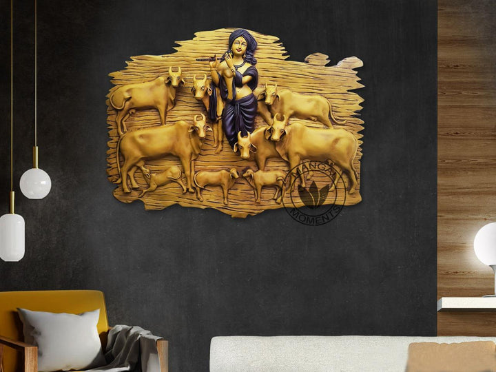 Home Divine Krishna with Cows 3D Relief Wall Art | Premium Home Decor